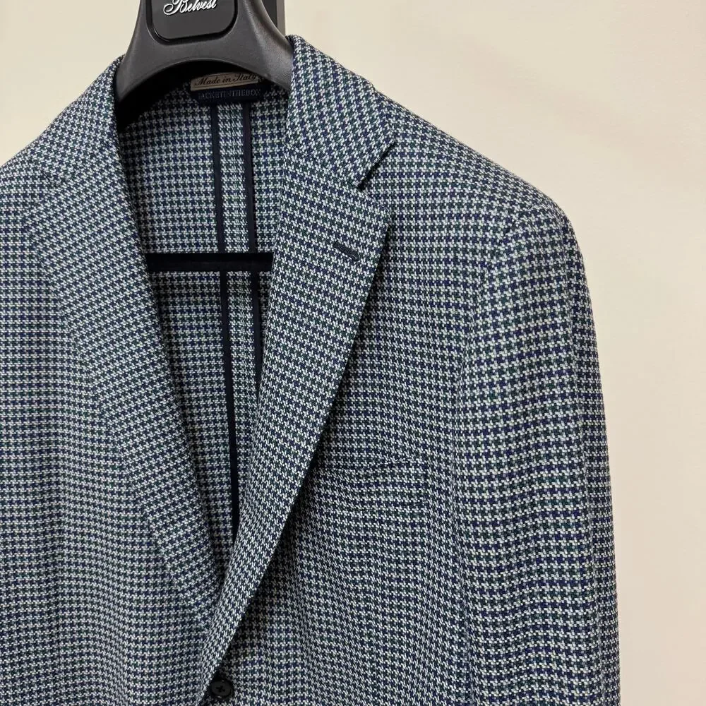 Belvest Blue Houndstooth Unstructured Sport Coat 52 NEW Super 100's Wool Blazer